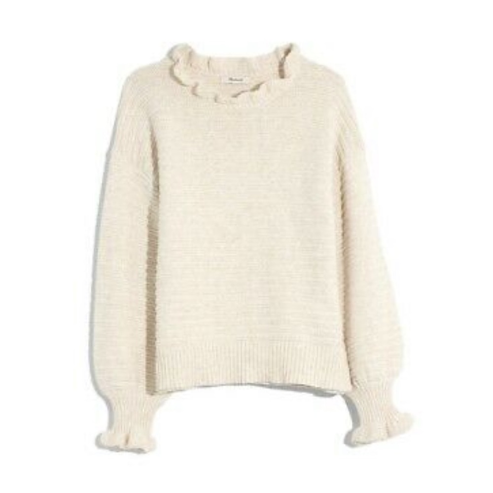 Madewell ivory ruffle neck pullover sweater